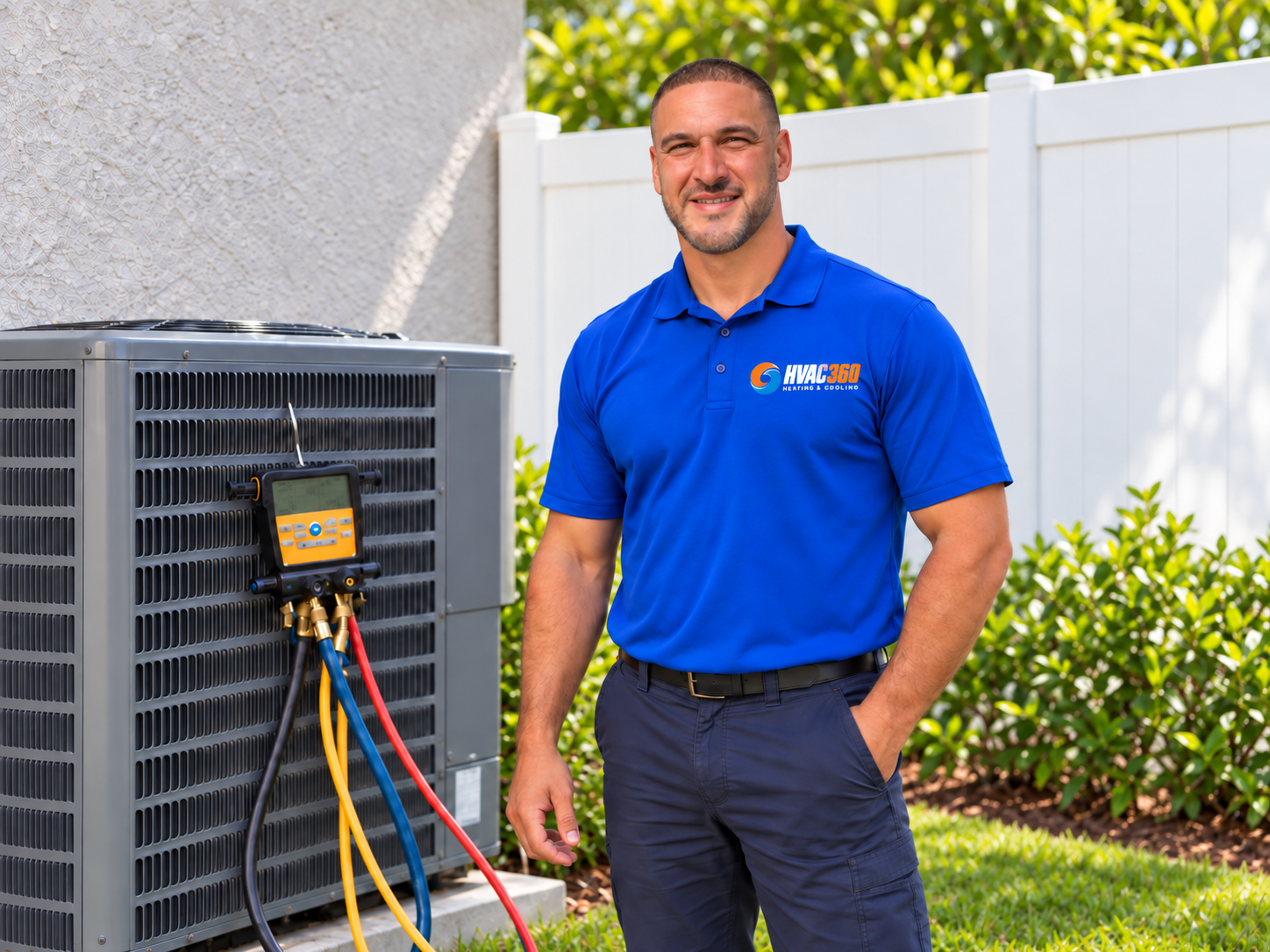 HVAC 360 technician standing beside a residential air conditioning unit with a digital manifold gauge attached